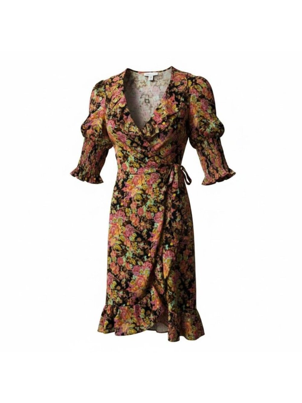Topshop Floral Wrap Dress With Ruffle Hem & Smocked Sleeves Size US 4